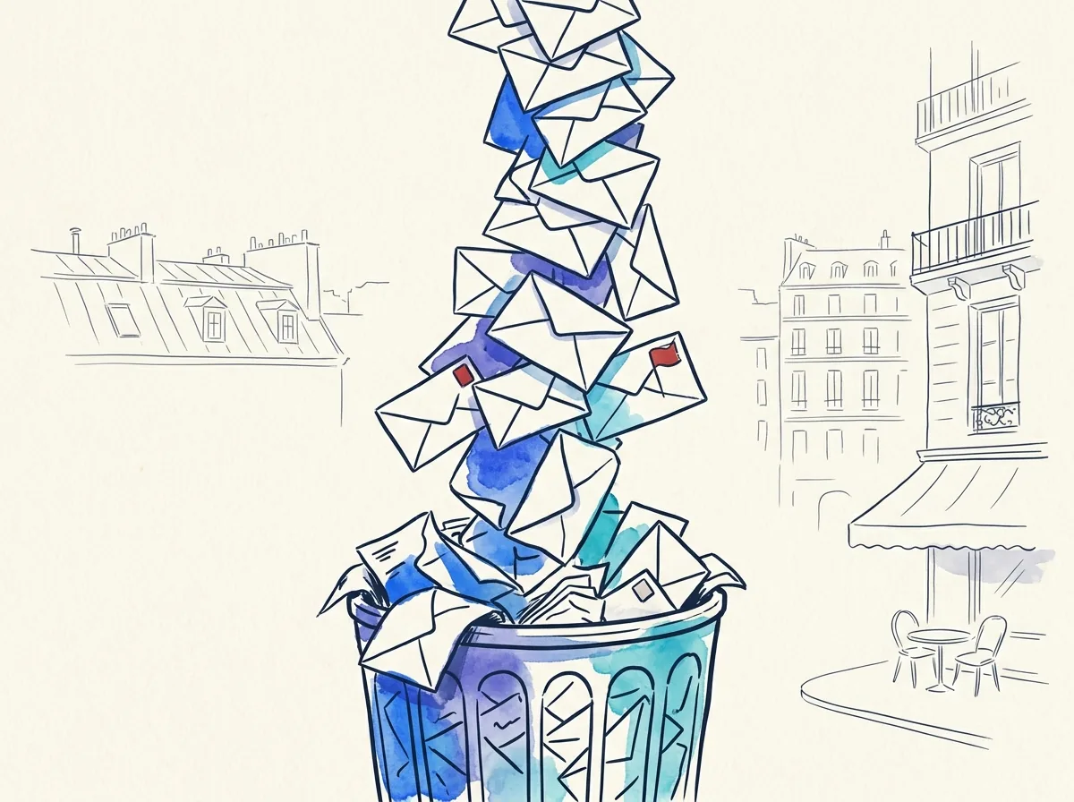 Un dossier courrier indésirable : la même lettre générique répétée, tamponnée spam